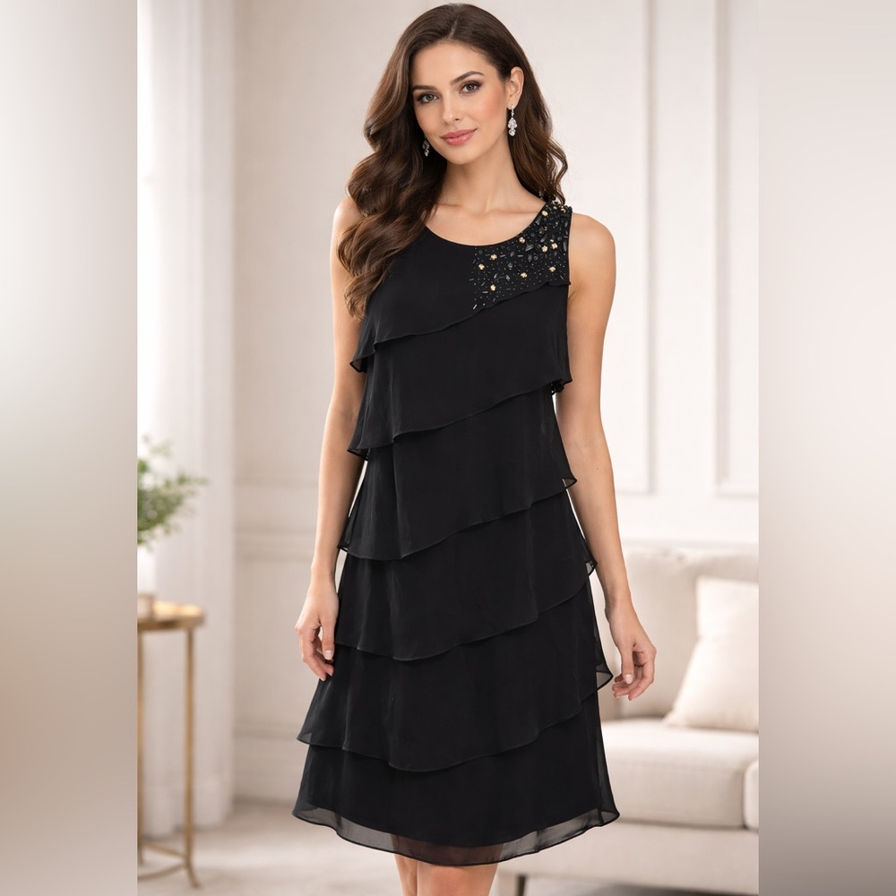 Jessica Howard Black Chiffon Ruffle Cocktail Dress, Size 6 (A2)